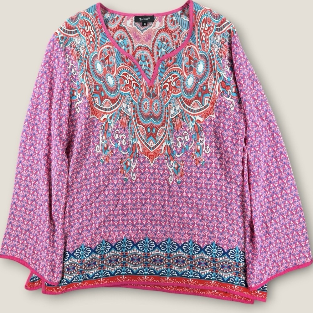 Tolani Silk Tunic Top Medium M Pink Blue Paisley Boho Bell Sleeve V-Neck